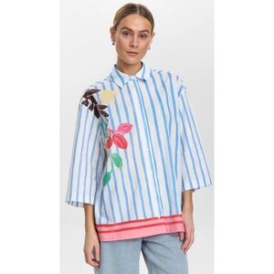 Numph Nuwendie Shirt Blue White Striped Papaya Fruit Graphic Cotton Top XS/S